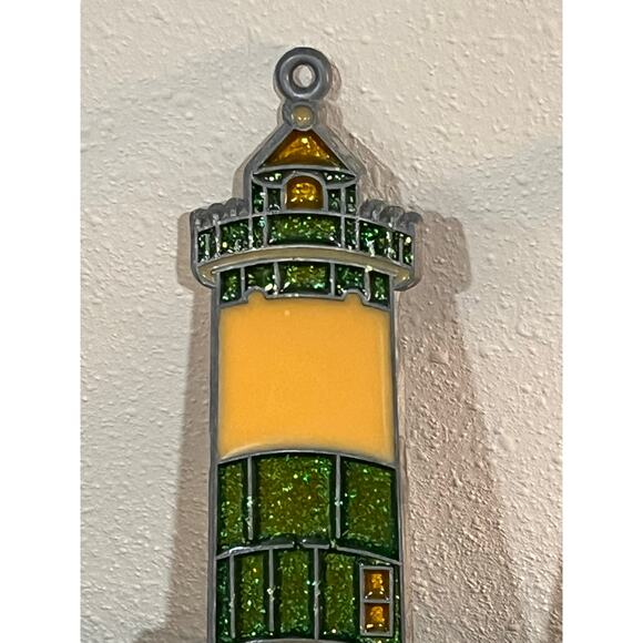 Lot of 2 Lighthouse Ornaments Stained Glass & Glitter Resin Coastal Beach Decor - Picture 3 of 7
